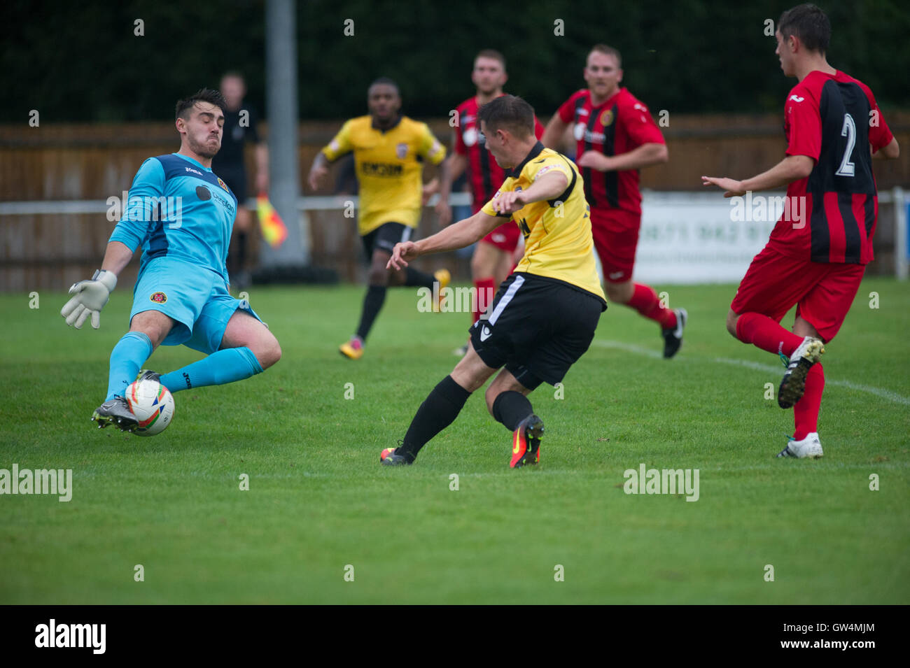 Home Gioco per undefeated Winchester città contro i leader del campionato Hereford FC che aveva iniziato la stagione con un record perfetto di sei vittorie in sei partite. Foto Stock