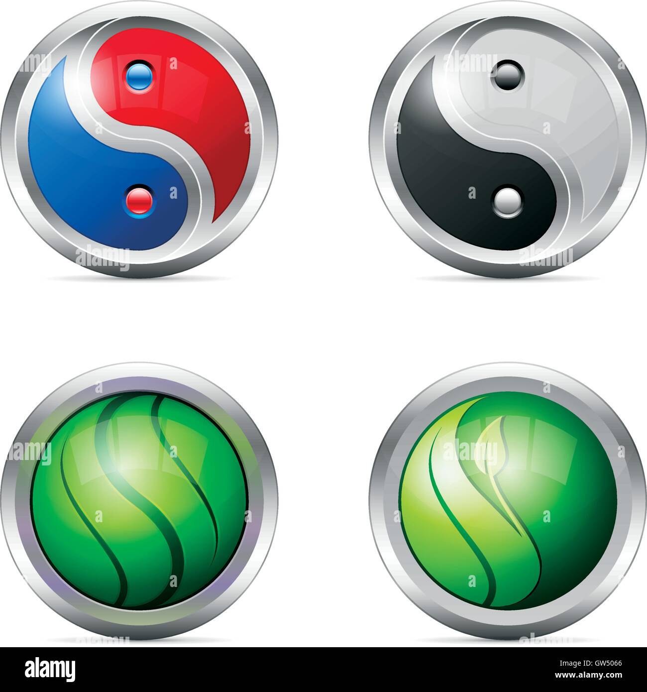 Icone vettoriali. Metallica colorata yin yang set di simboli. Illustrazione Vettoriale