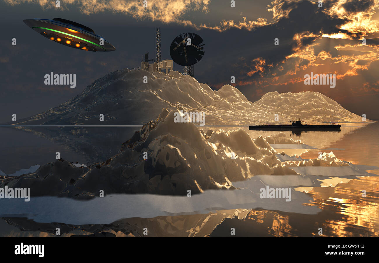 Un nazista tedesco U Boat & un UFO in avvicinamento alla sommità nascosta base segreta nota come 211 . Situato presso l'Antartide. Foto Stock