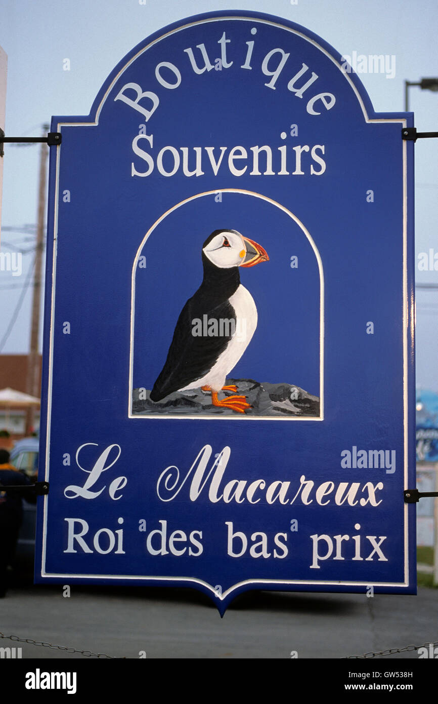 Segno di un negozio di souvenir in Perce, Gaspesie, Quebec, Canada Foto Stock