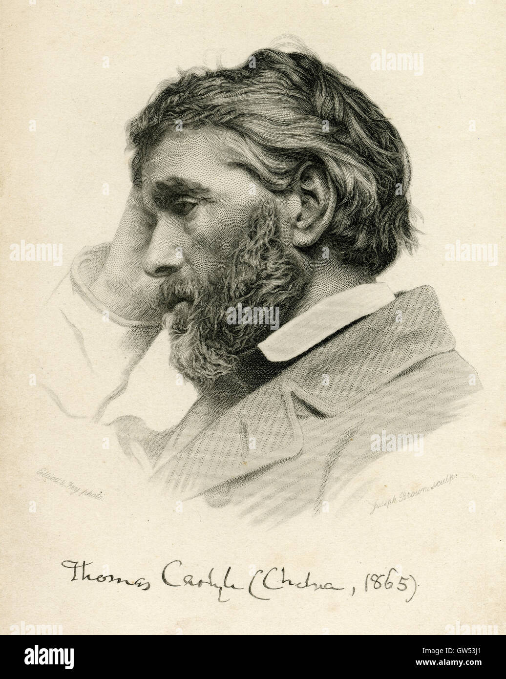 Antique c1865 incisione, Thomas Carlyle. Thomas Carlyle (1795-1881) fu un filosofo scozzese, autore satirico, saggista, storico e insegnante. Fonte: originale incisione in acciaio. Foto Stock