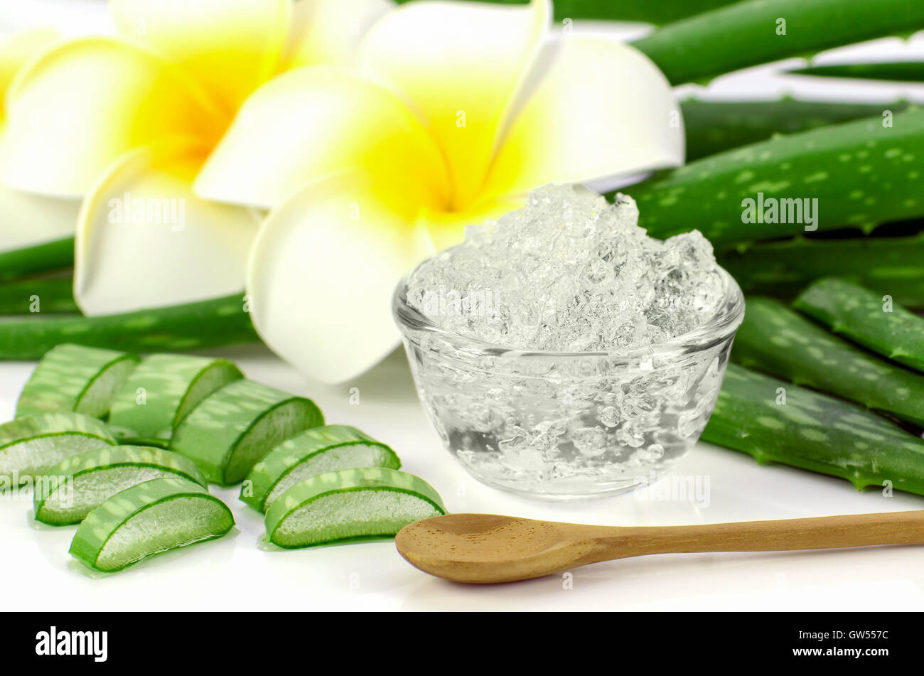 Pura Aloe vera gel su Aloe foglie e plumeria sfondo. Aloe vera gel utilizzare quasi in cibo, medicina e industria di bellezza. Foto Stock