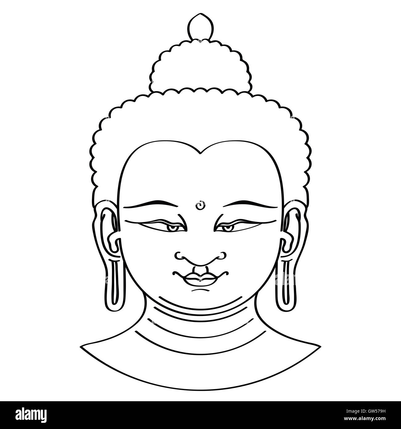 Testa di Buddha illustrazione nella tecnica di pennello. Pennellate nere su sfondo bianco. Foto Stock