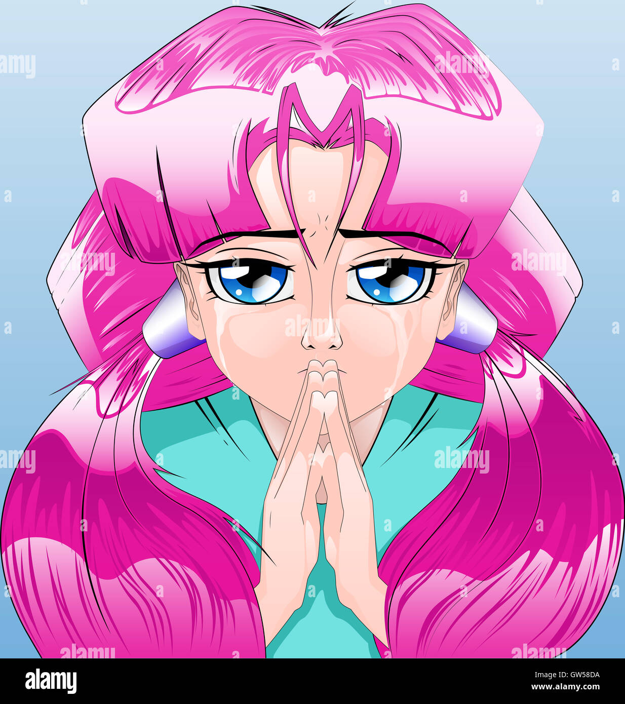 Pregando stile anime personaggio femminile con capelli viola. Foto Stock