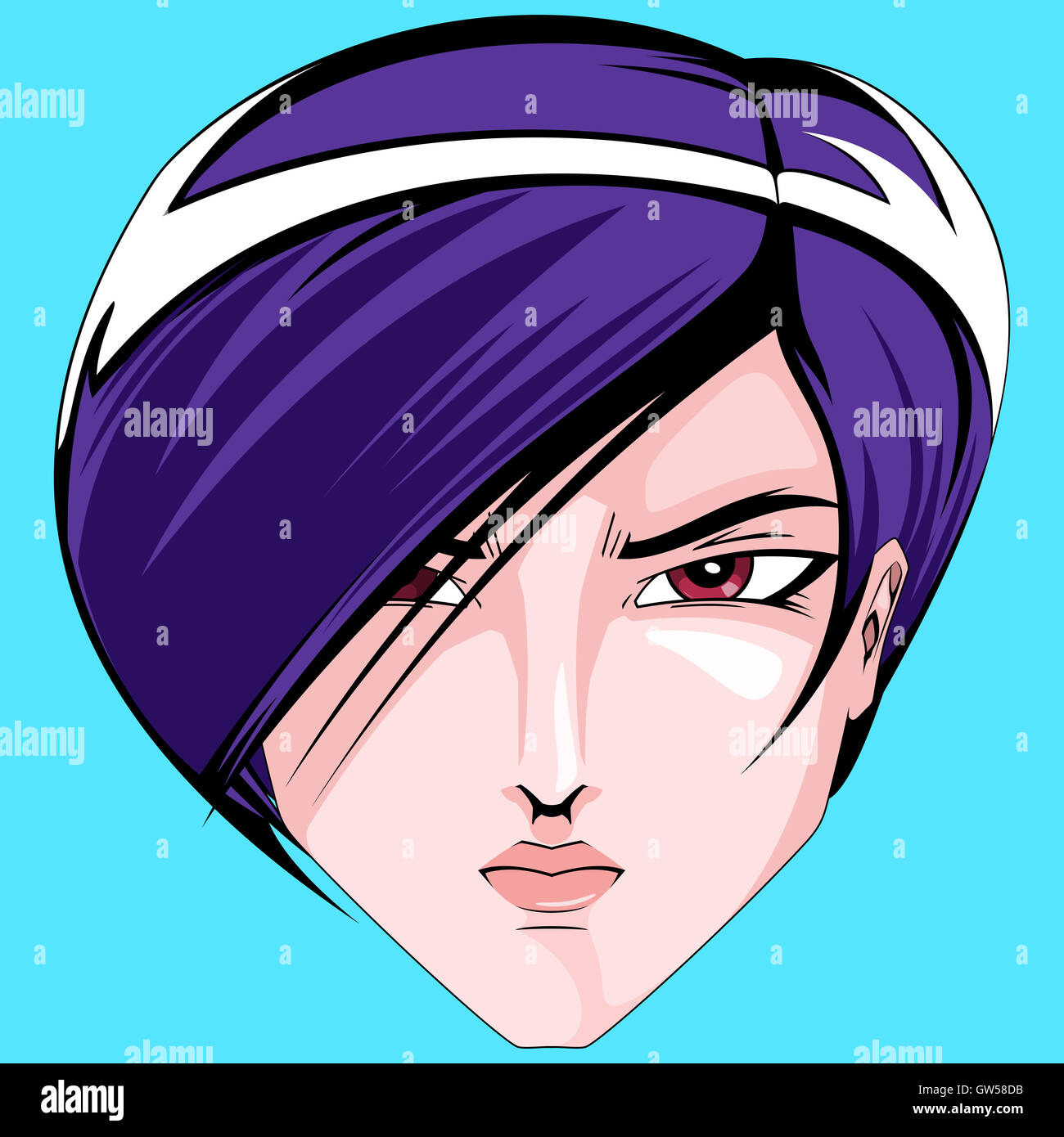 Stile Anime personaggio maschile in testa su sfondo blu. Foto Stock