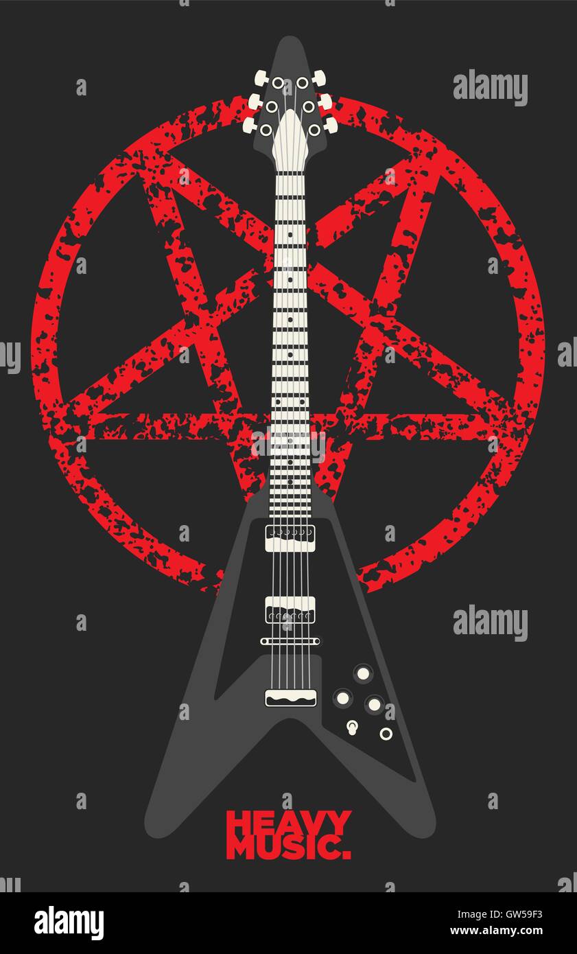 Metalli pesanti e chitarra Pentagram design vettoriali. Caratteristiche distressed ruvida grunge grafica. Flying V chitarra stile. Illustrazione Vettoriale Metalli pesanti e chitarra Pentagram design vettoriali. Caratteristiche distressed ruvida grunge grafica. Flying V chitarra stile. Illustrazione Vettoriale