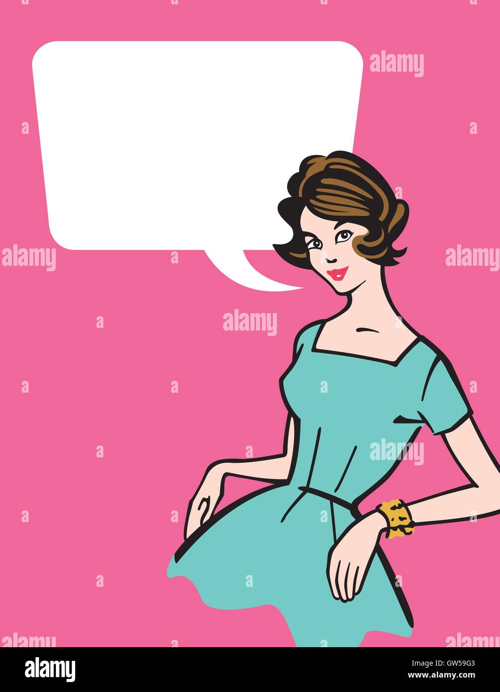 Retrò degli anni cinquanta casalinga disegno vettoriale. Classico stile vintage casalinga illustrazione con vuoto discorso bolla. Aggiungere il vostro testo! Illustrazione Vettoriale