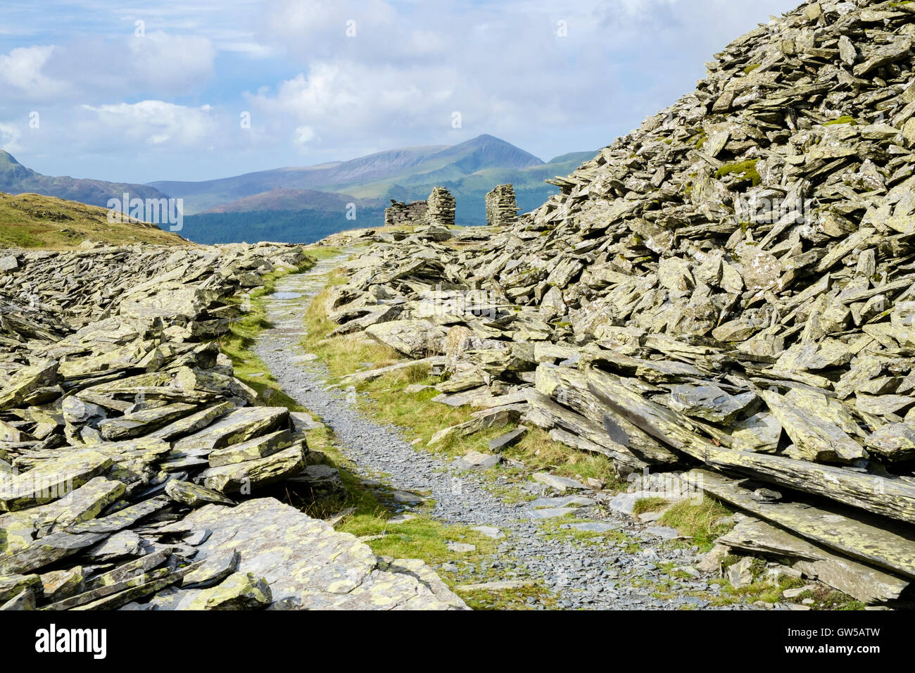 Via da Rhyd Ddu di Bwlch Cwm Llan attraverso dismesse cave di ardesia cumuli di scorie sui pendii del monte Snowdon nel Parco Nazionale di Snowdonia (Eryri) Wales UK Foto Stock