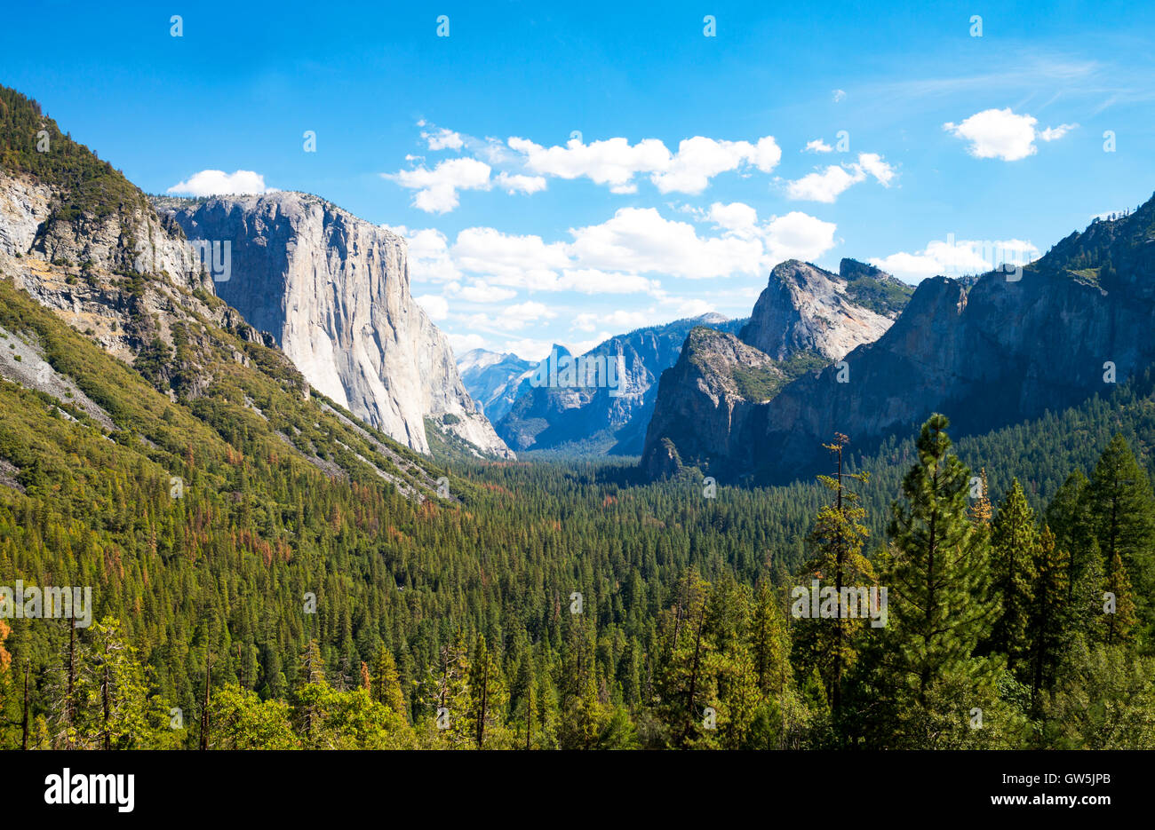 Parco Nazionale di Yosemite in California, vista panoramica della valle con il El Capitan e la Cattedrale di guglie di montagne Foto Stock