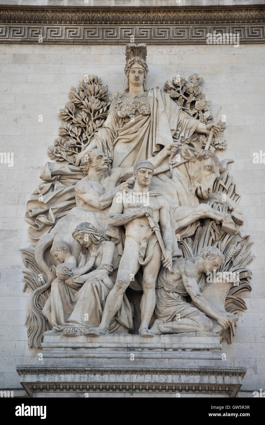 La Paix de 1815, da Antoine Étex trattato di Parigi sull'Arc de Triomphe de l Étoile a Place Charles de Gaulle, Parigi, Francia Foto Stock
