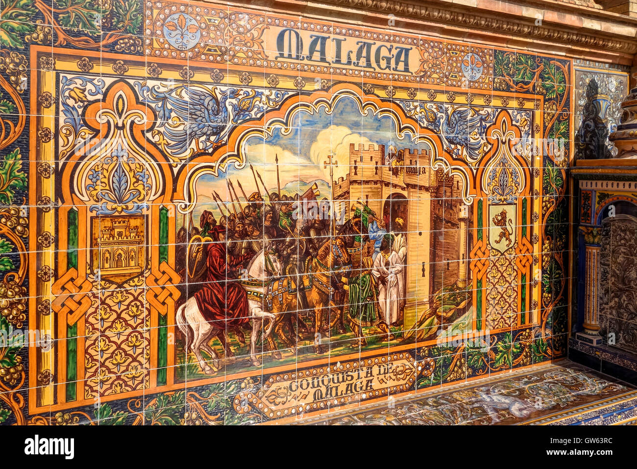Ceramica alcova provinciale di Malaga, mostrando conquista dei cattolici su Mori, Plaza de Espana, Siviglia, Spagna. Foto Stock
