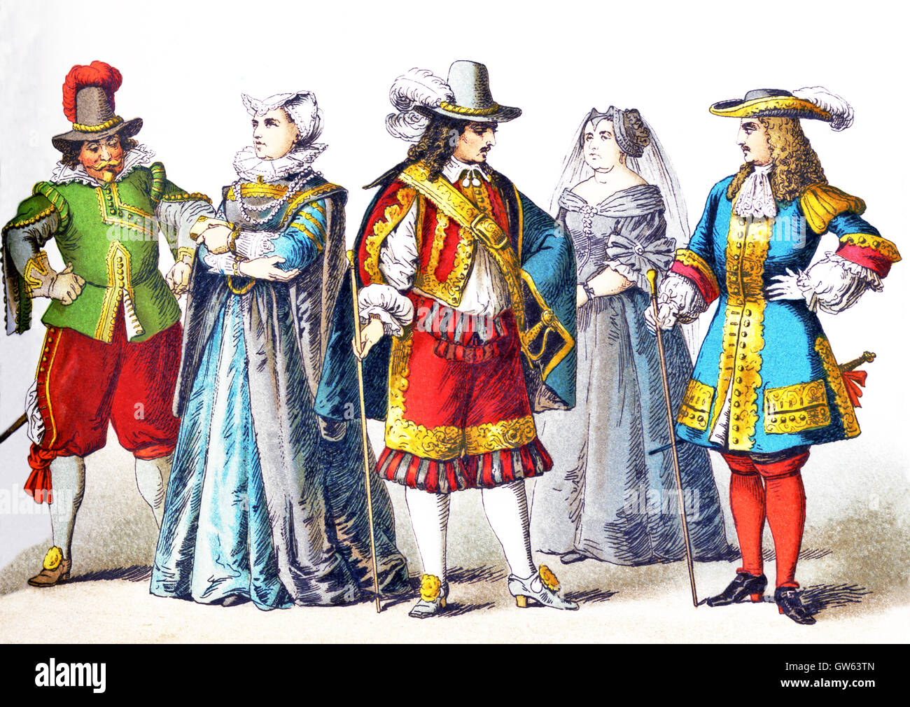 Le figure rappresentate qui ci sono tutti i tedeschi nel 1600s. Da sinistra a destra essi sono: un uomo di rango, una donna di rango (1600-1650), un uomo di rango (attorno al 1650), una donna di rango in lutto (1650-1700), e di un uomo di rango (1690-1700). L'illustrazione risale al 1882. Foto Stock