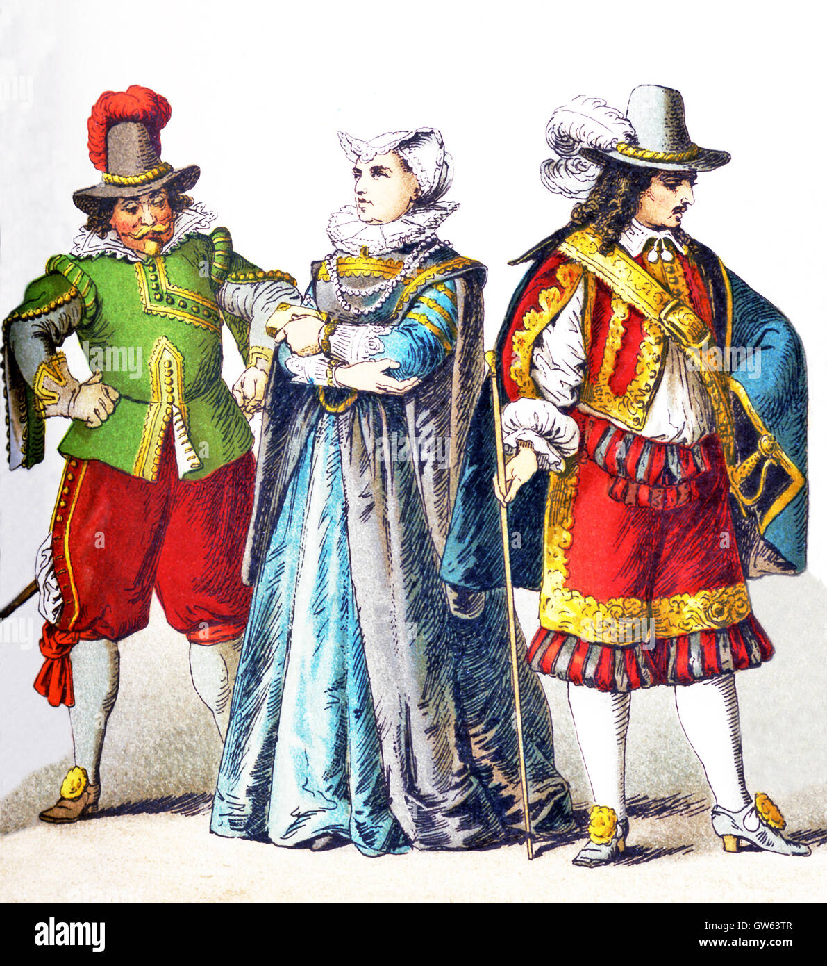 Le figure rappresentate qui ci sono tutti i tedeschi nel 1600s. Da sinistra a destra essi sono: un uomo di rango, una donna di rango in lutto (1600-1650), e di un uomo di rango (attorno al 1650). L'illustrazione risale al 1882. Foto Stock