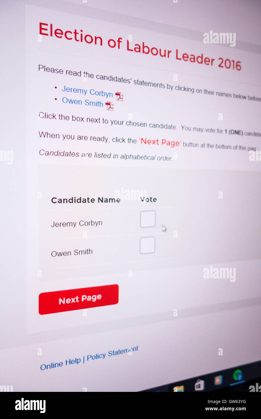 Screen shot del 2016 del partito laburista concorso di leadership scrutinio Jeremy Corbyn Owen Smith Foto Stock