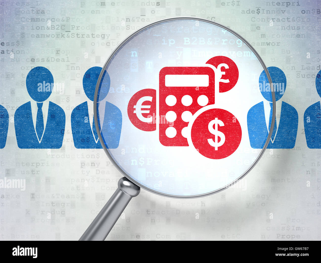 Concetto di finanza: uomo di affari e calcolatrice con vetro ottico Foto Stock