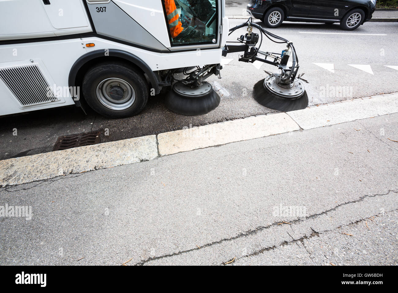 Dettaglio di una macchina di pulizia stradale/auto pulizia della strada Foto Stock