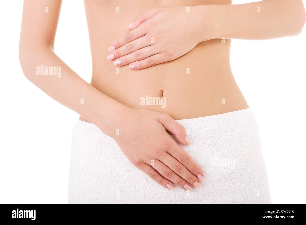 Montare la giovane donna pancia Foto Stock