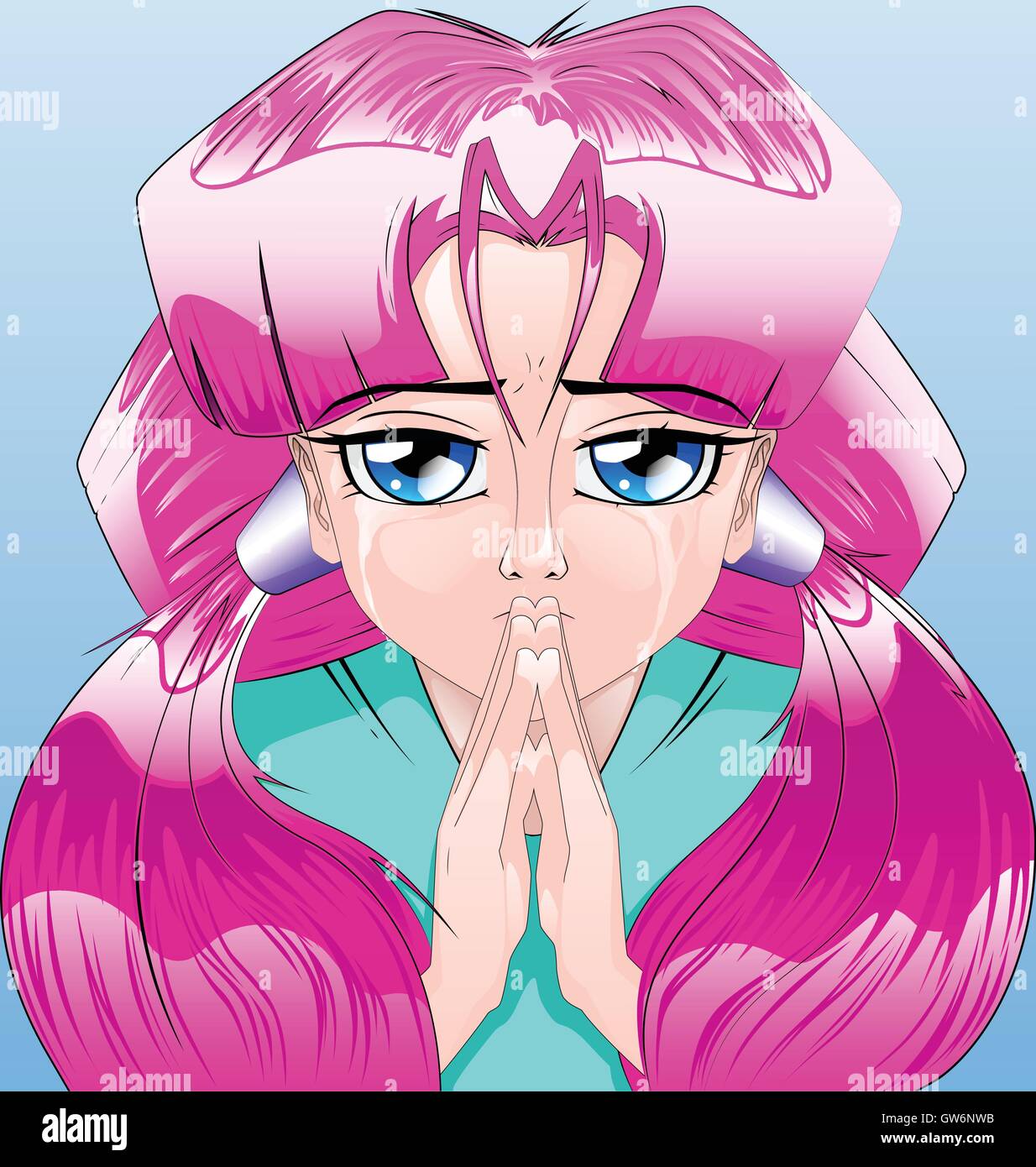 Pregando stile anime personaggio femminile con capelli viola. Illustrazione Vettoriale