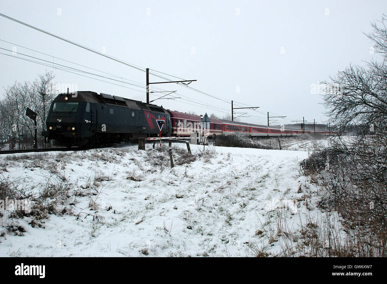 Sport invernali i turisti su thei modo per la regione di Alp in questo treno speciale, dalle Ferrovie dello Stato Danese DSB. Foto Stock