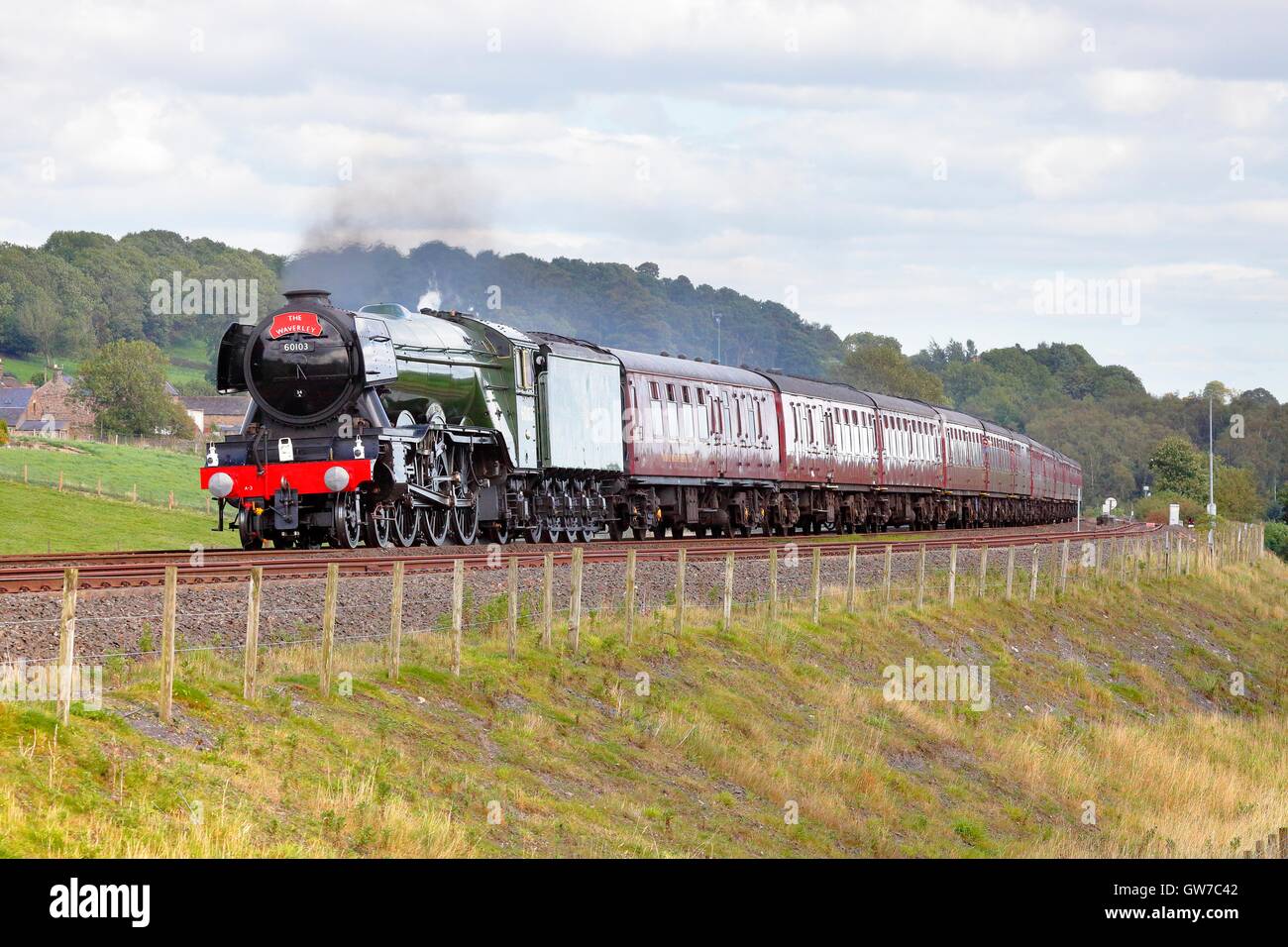 Whitchester, Haltwhistle, Newcastle & Carlisle Railway, Northumberland, Regno Unito. 11 settembre 2016. Flying Scotsman treno a vapore LNER A3 classe 4-6-2 n. 60103 voce a Carlisle sull'ultima esecuzione di 'L' di Waverley rail tour per quest'anno. Credito: Andrew Findlay/Alamy Live News Foto Stock