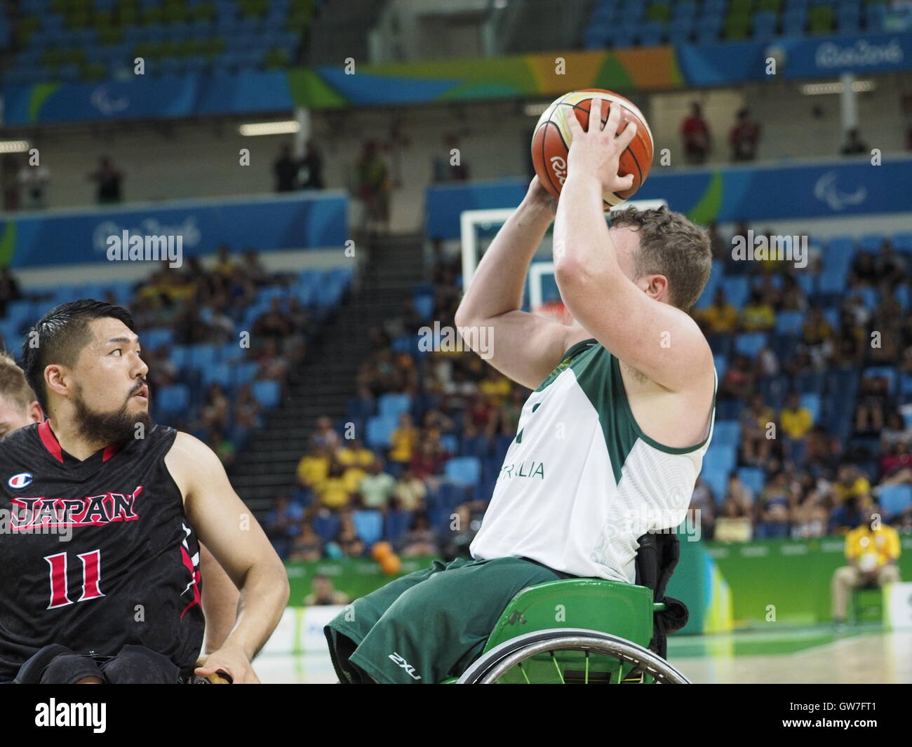 Rio de Janeiro, Brasile. 12 Settembre, 2016. Rio 2016 uomini il basket in carrozzella, pool match tra Australia e Giappone Credito: PhotoAbility/Alamy Live News Foto Stock
