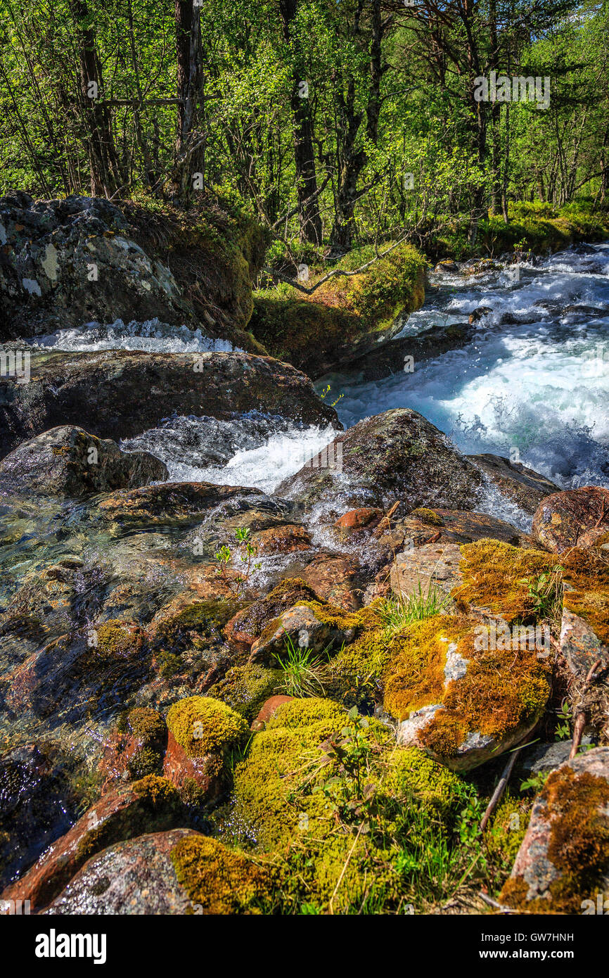 Fondere la neve sulle colline dietro Utvik in Norvegia Foto Stock