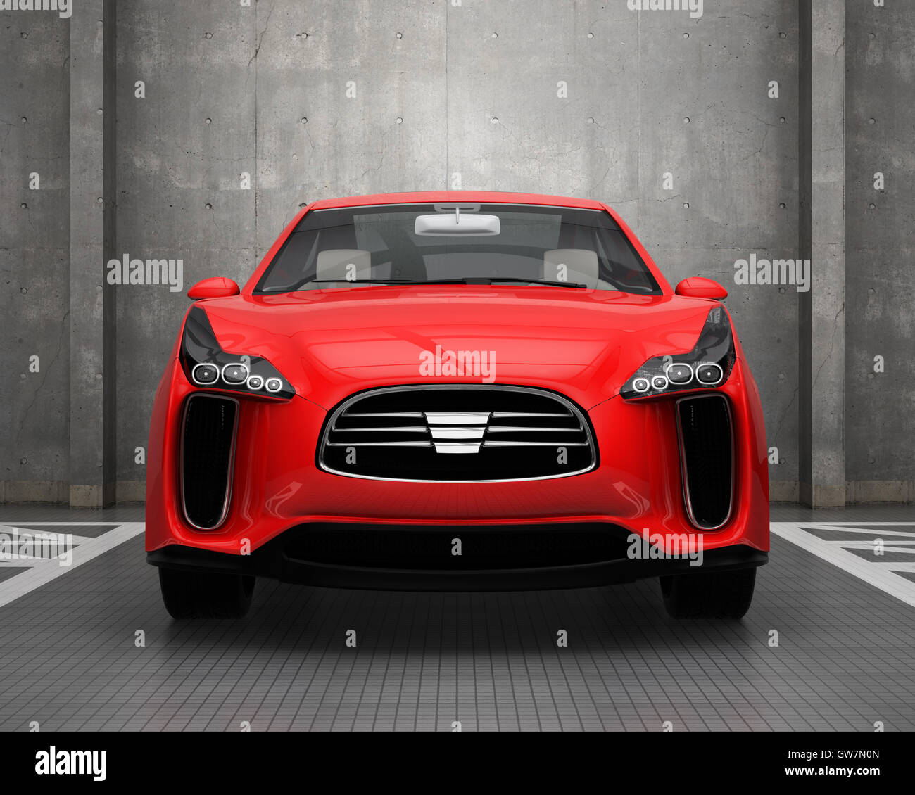 Vista frontale del rosso SUV elettrico nel garage. Il rendering 3D'immagine. Foto Stock