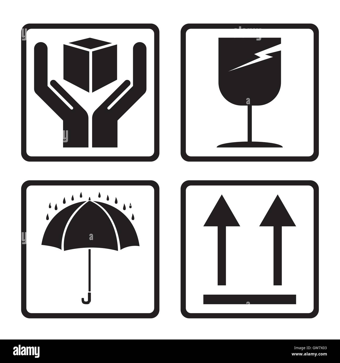 Fragile, box, icona, cartone, vettore, simbolo, adesivo, cura, sfondo, maniglia, illustrazione, packaging, pacchetto, segno, cargo Illustrazione Vettoriale