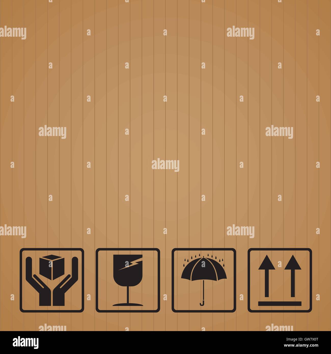 Fragile, box, icona, cartone, vettore, simbolo, adesivo, cura, sfondo, maniglia, illustrazione, packaging, pacchetto, segno, cargo Illustrazione Vettoriale