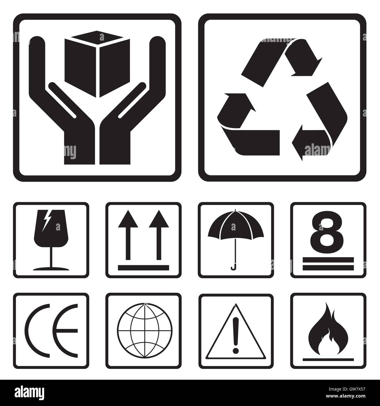 Fragile, box, icona, cartone, vettore, simbolo, adesivo, cura, sfondo, maniglia, illustrazione, packaging, pacchetto, segno, cargo Illustrazione Vettoriale