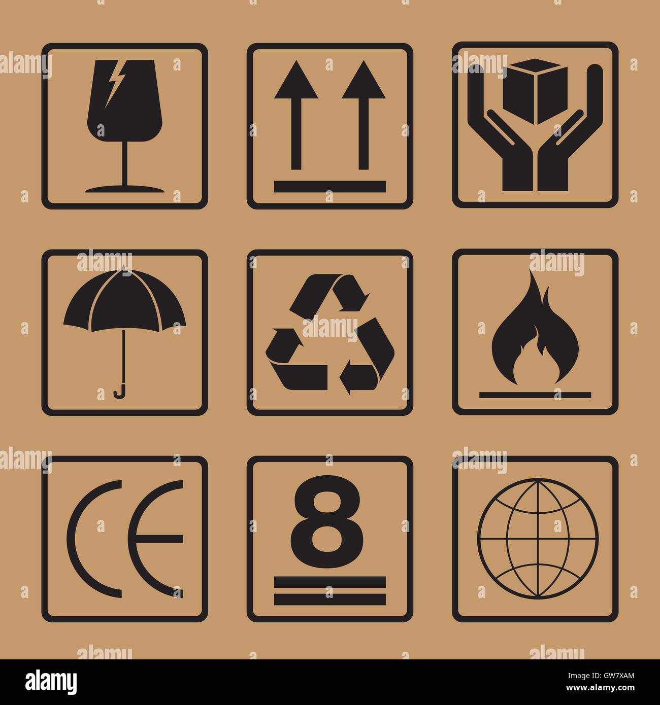 Fragile, box, icona, cartone, vettore, simbolo, adesivo, cura, sfondo, maniglia, illustrazione, packaging, pacchetto, segno, cargo Illustrazione Vettoriale