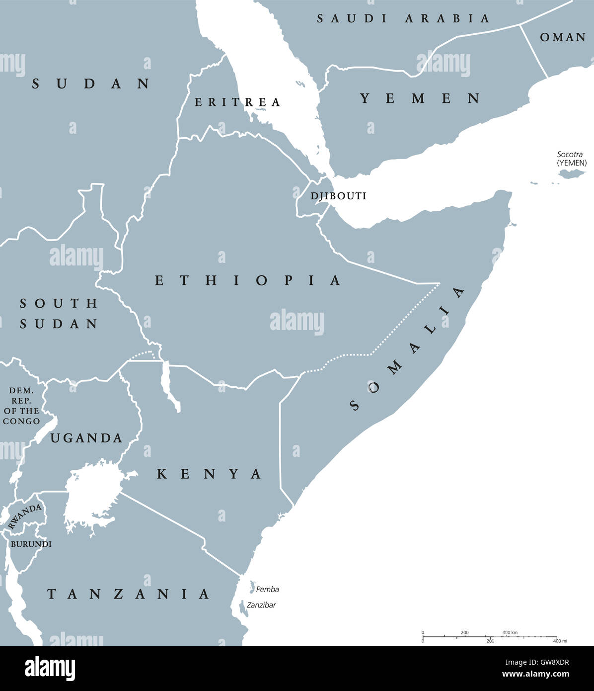 Corno d Africa paesi della penisola mappa politico con i confini nazionali  e il più grande dei laghi. Africa orientale Foto stock - Alamy