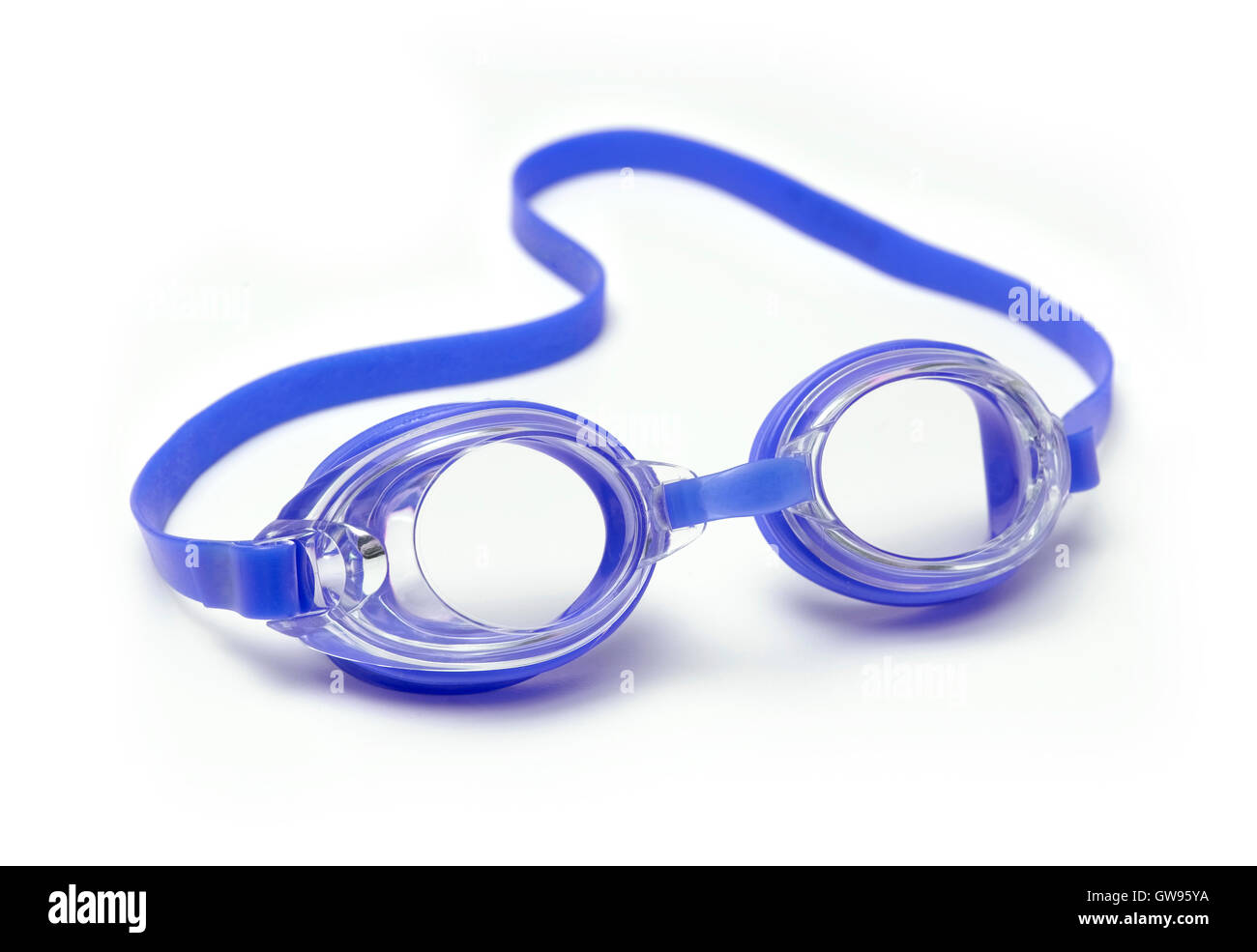 Blue occhiali da nuoto su sfondo bianco Foto Stock