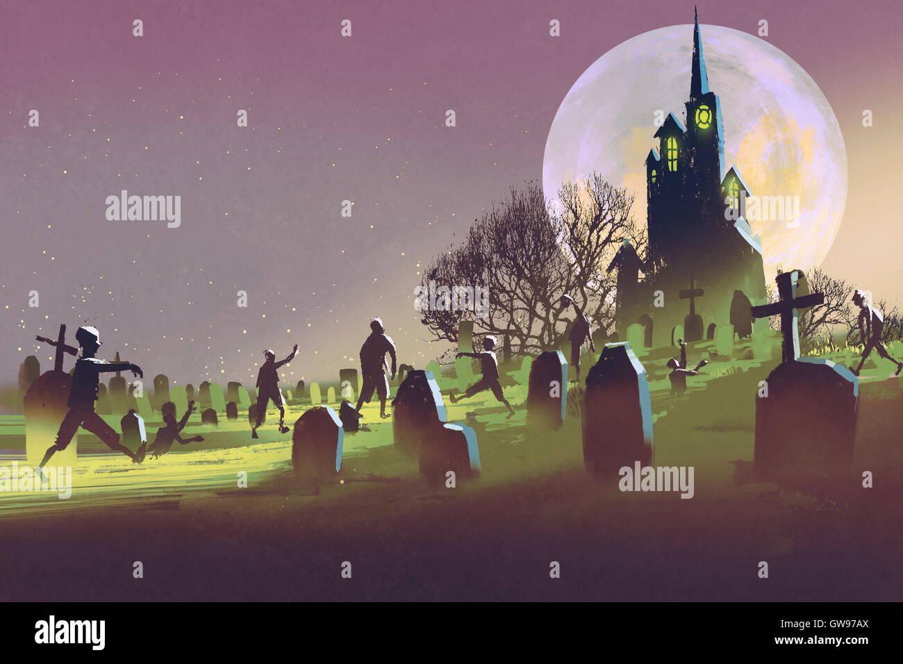 Spooky castle,Halloween concetto,cimitero con gli zombie di notte,illustrazione pittura Foto Stock