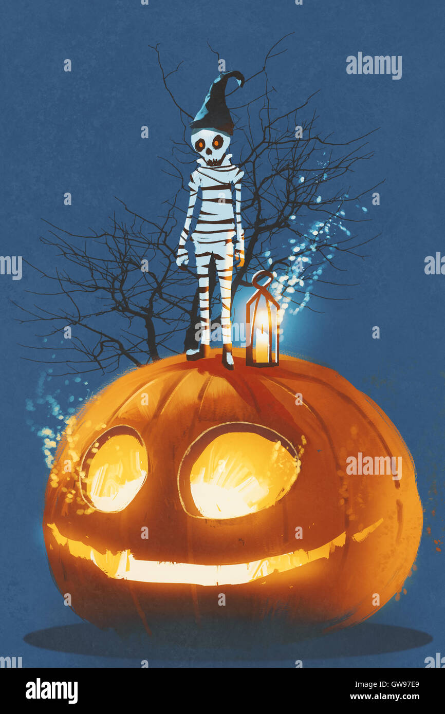 Mummia permanente sulla zucca gigante,Jack O lantern,Halloween concetto,illustrazione pittura Foto Stock