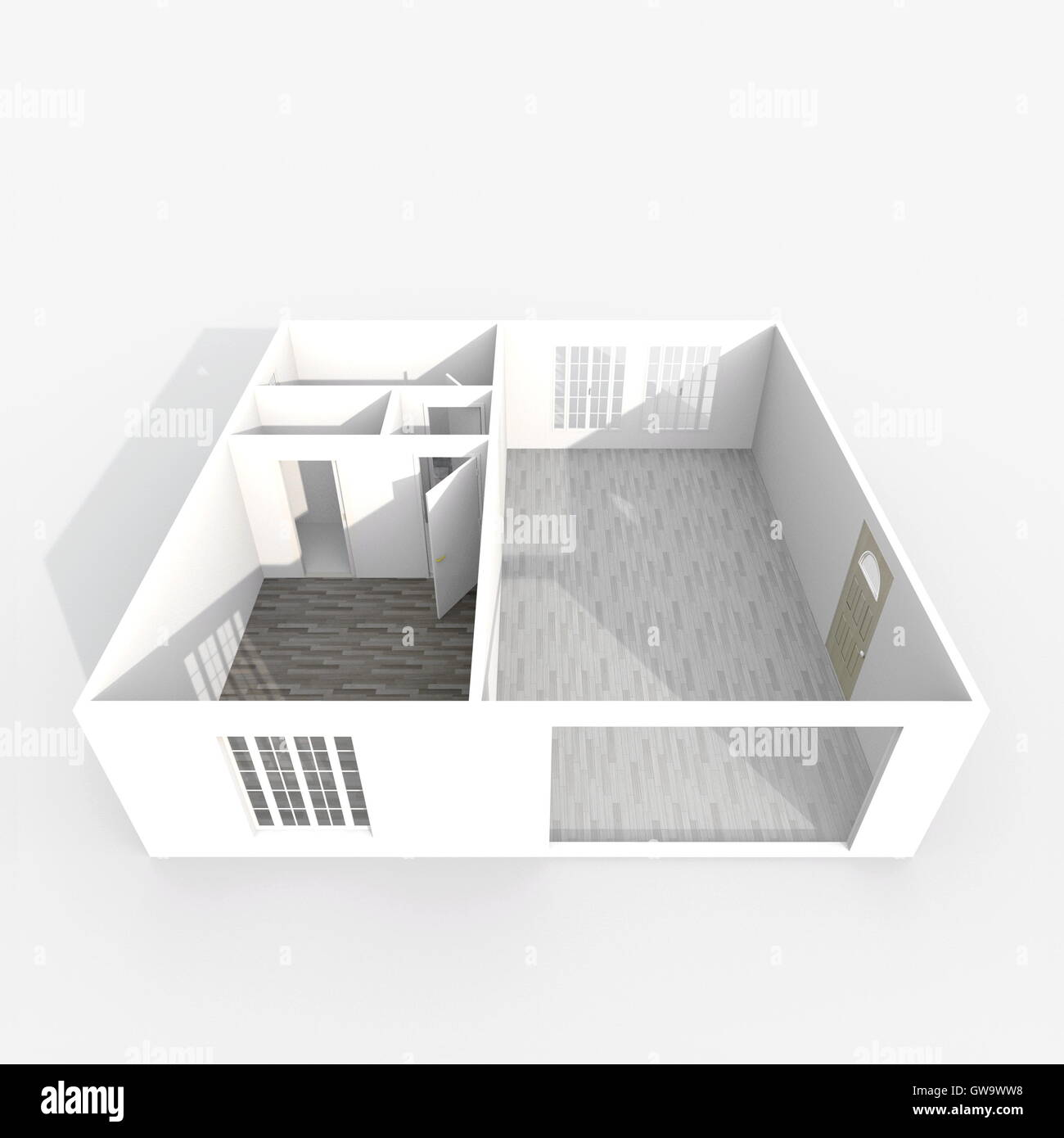 3D Interni rendering vista prospettica del vuoto modello di carta home appartamento con materiali per pavimento Foto Stock