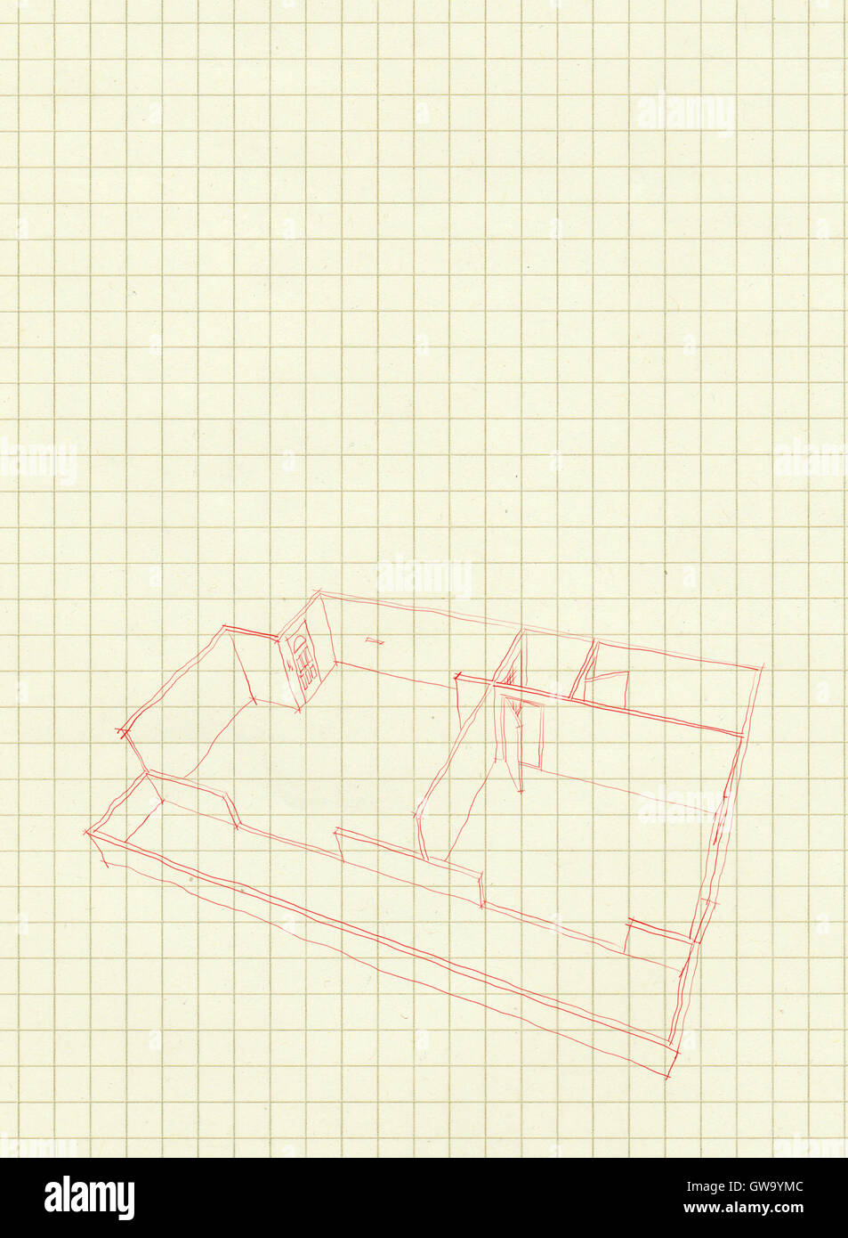 2d penna rossa freehand disegno di vuoto home appartamento sul vecchio quadrato del foglio di carta Foto Stock