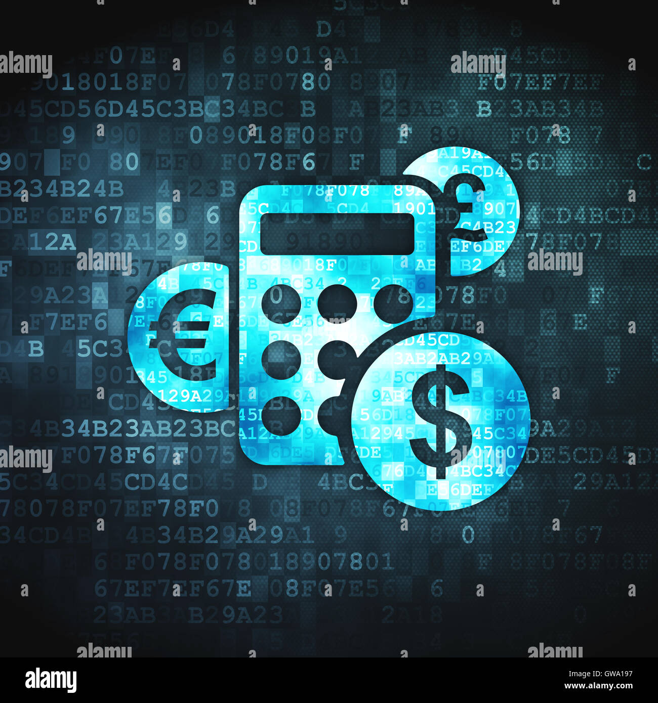 Concetto di finanza: Calcolatrice su sfondo digitale Foto Stock