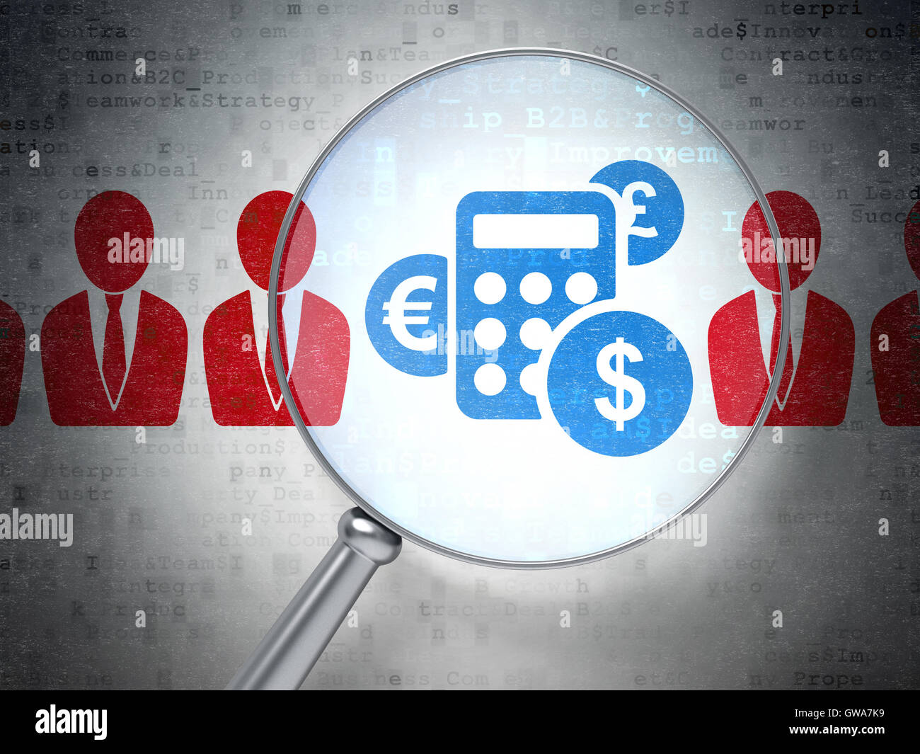 Uomo di affari e calcolatrice con vetro ottico Foto Stock