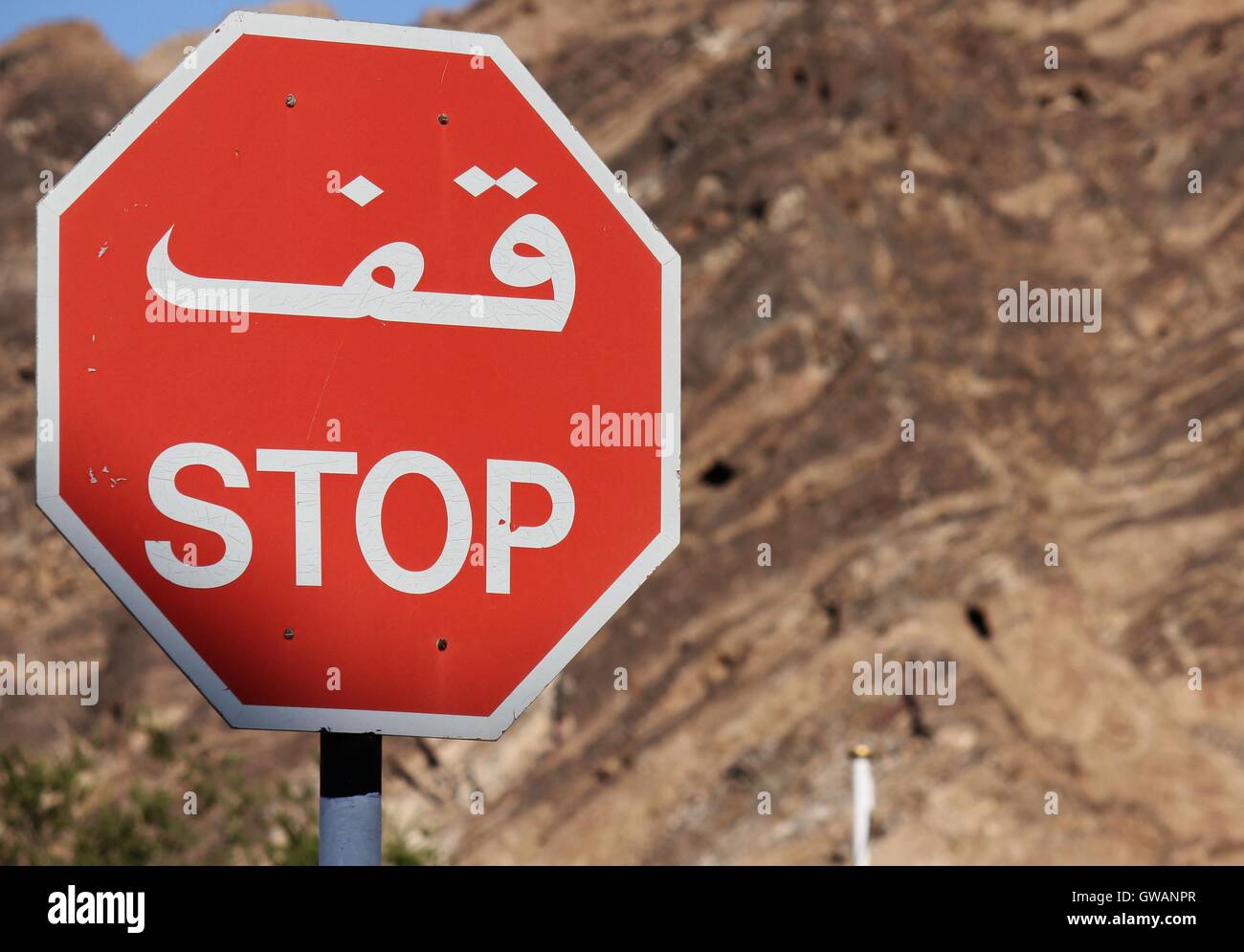 Arresto dell'Oman road.sign.La fermata road-sign in Muscat è in doppia lingua, in arabo e in inglese. Dietro le montagne di Muscat Foto Stock