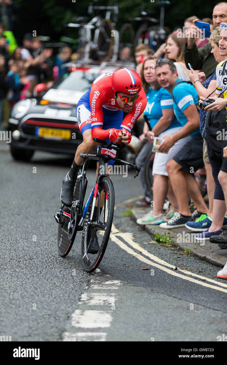 Cronometro individuale: stadio 7a, 2016 Tour della Gran Bretagna. Rider Tom Dumoulin del Team Alpecin gigante Foto Stock