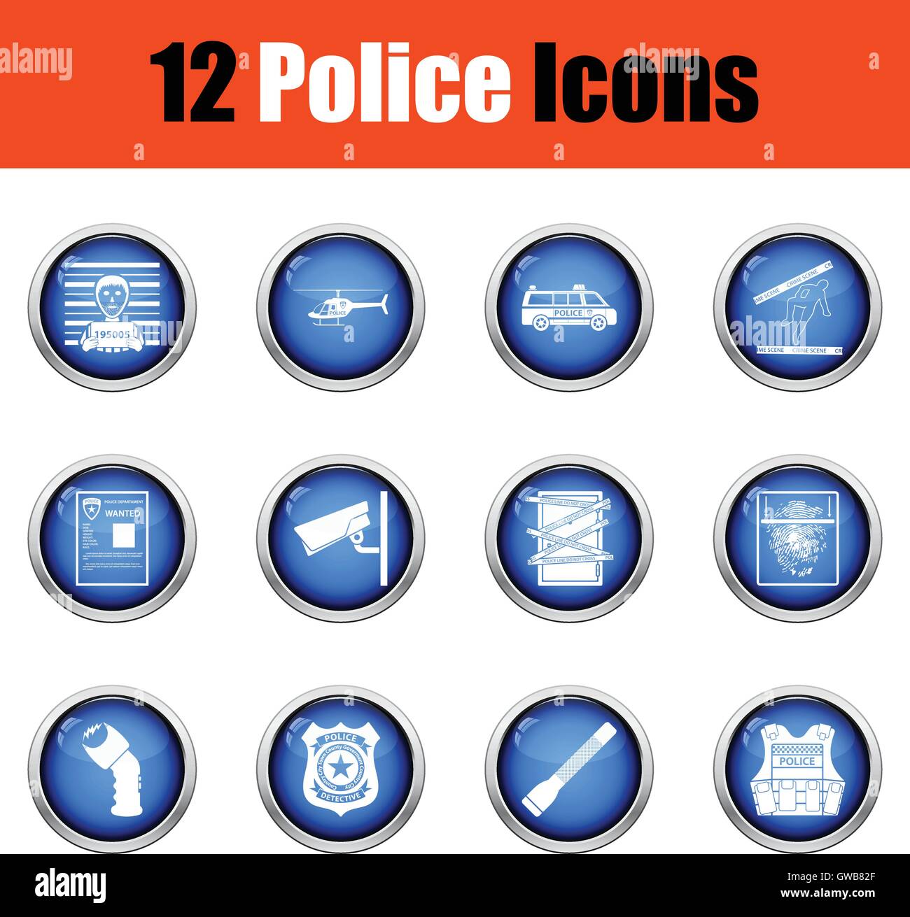 Set di icone di polizia. Pulsante lucido design. Illustrazione Vettoriale. Illustrazione Vettoriale