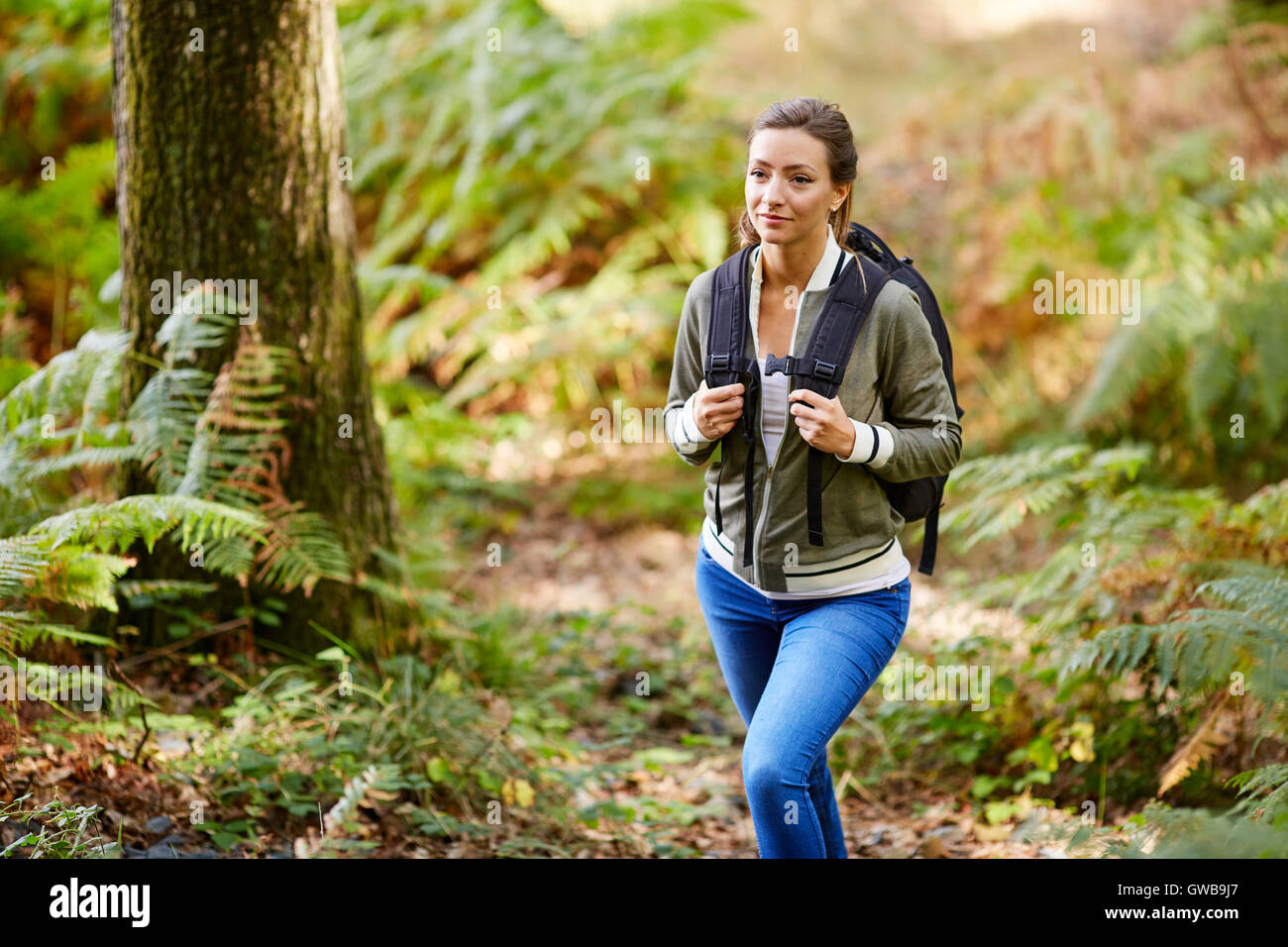 Donna passeggiate in campagna Foto Stock