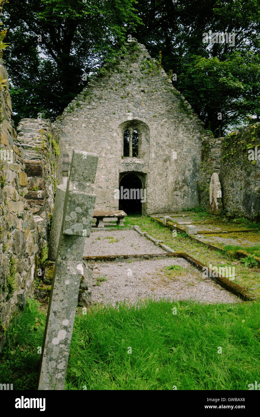 Rovine della Vecchia Chiesa Monigaff nella parrocchia di Minnigaff vicino a Newton Stewart, Dumfries and Galloway, Scozia. Foto Stock