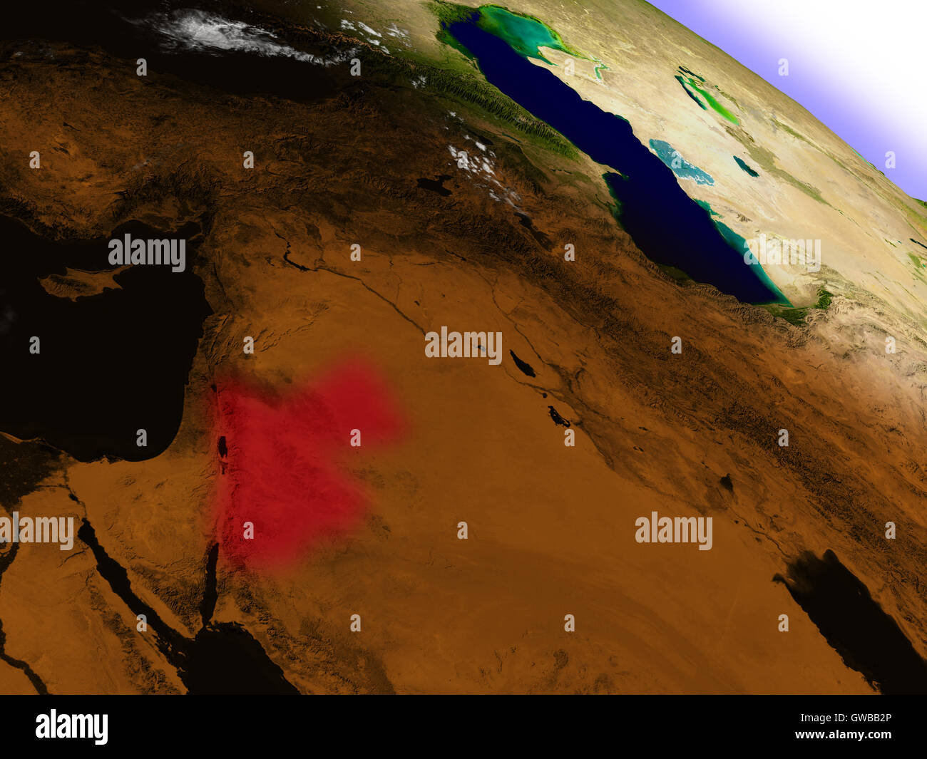 La Giordania ha evidenziato in rosso come visto da orbita terrestre nello spazio. 3D illustrazione con altamente dettagliate pianeta superficie. Elementi del Foto Stock