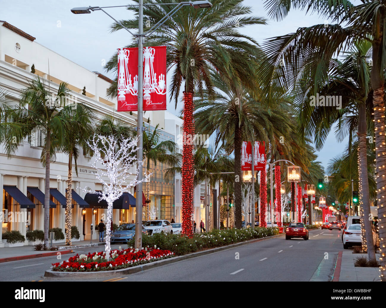 Rodeo Drive, Beverly Hills, Los Angeles, California. Decorazioni di Natale street. Foto Stock