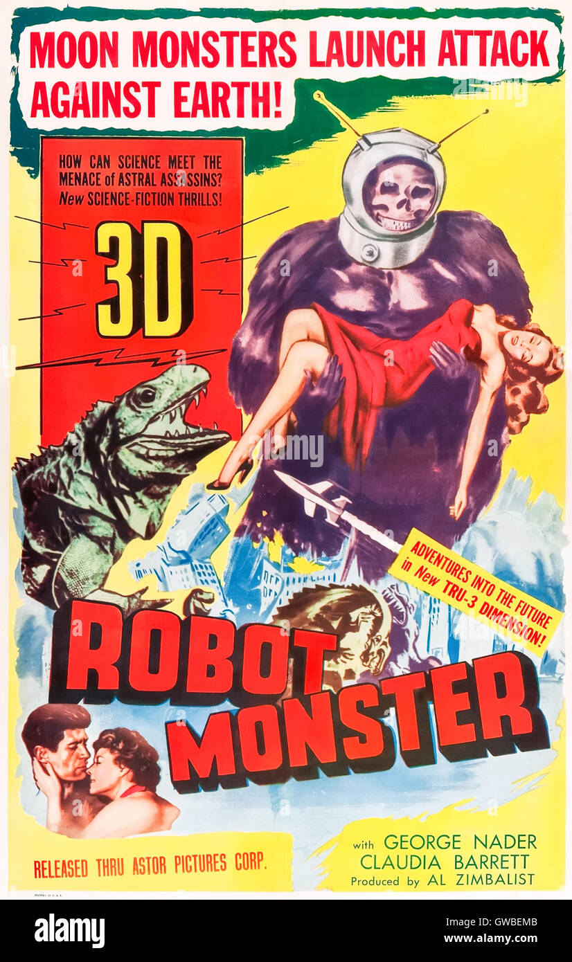 Robot Monster (1953) diretto da Phil Tucker e interpretato da George Nader, Gregory Moffett e Claudia Barrett. Gli ultimi 6 sopravvissuti sulla Terra cercano di sfuggire alle grinfie di Ro-Man che si innamora di uno di loro. Fotografia di un poster originale del 1953 in lino restaurato con retro americano. ***SOLO USO EDITORIALE*** credito: BFA / Astor Pictures Corporation Foto Stock