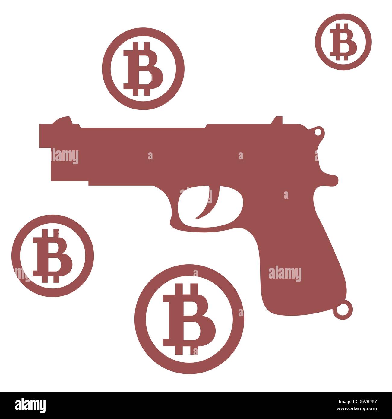 Foto sulle transazioni in bitcoin: bitcoins e pistola su uno sfondo bianco Illustrazione Vettoriale