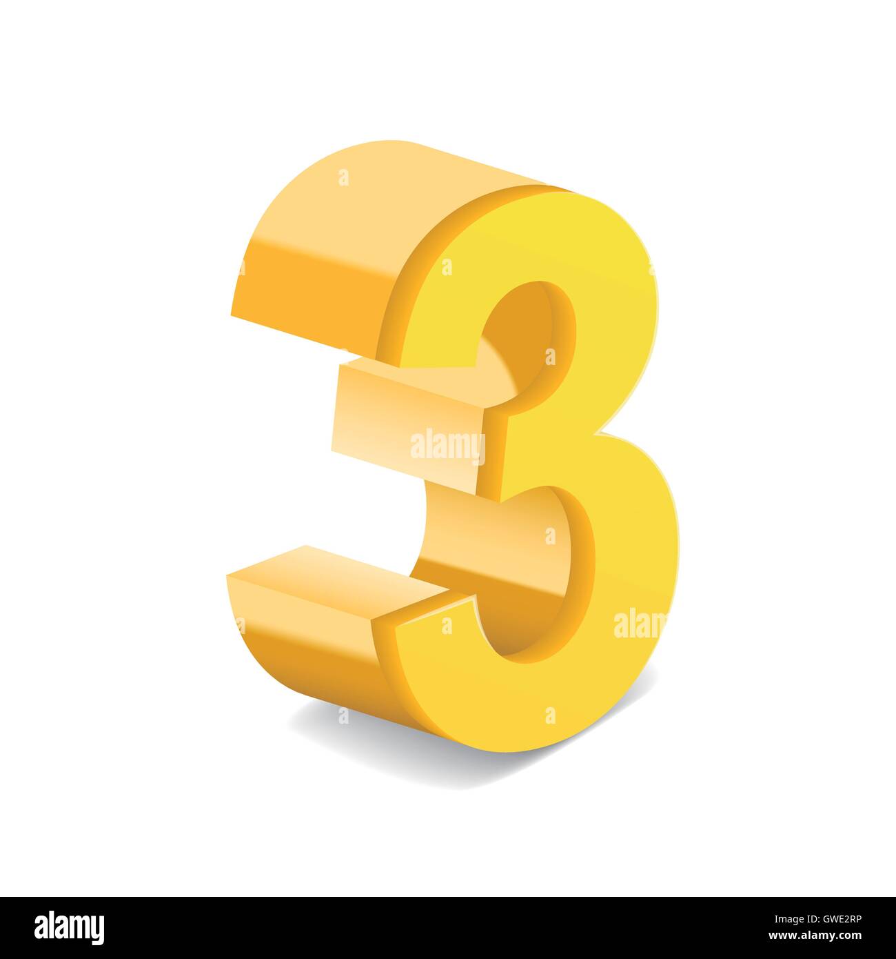 Immagine 3D giallo lucido numero 3 isolati su sfondo bianco Illustrazione Vettoriale