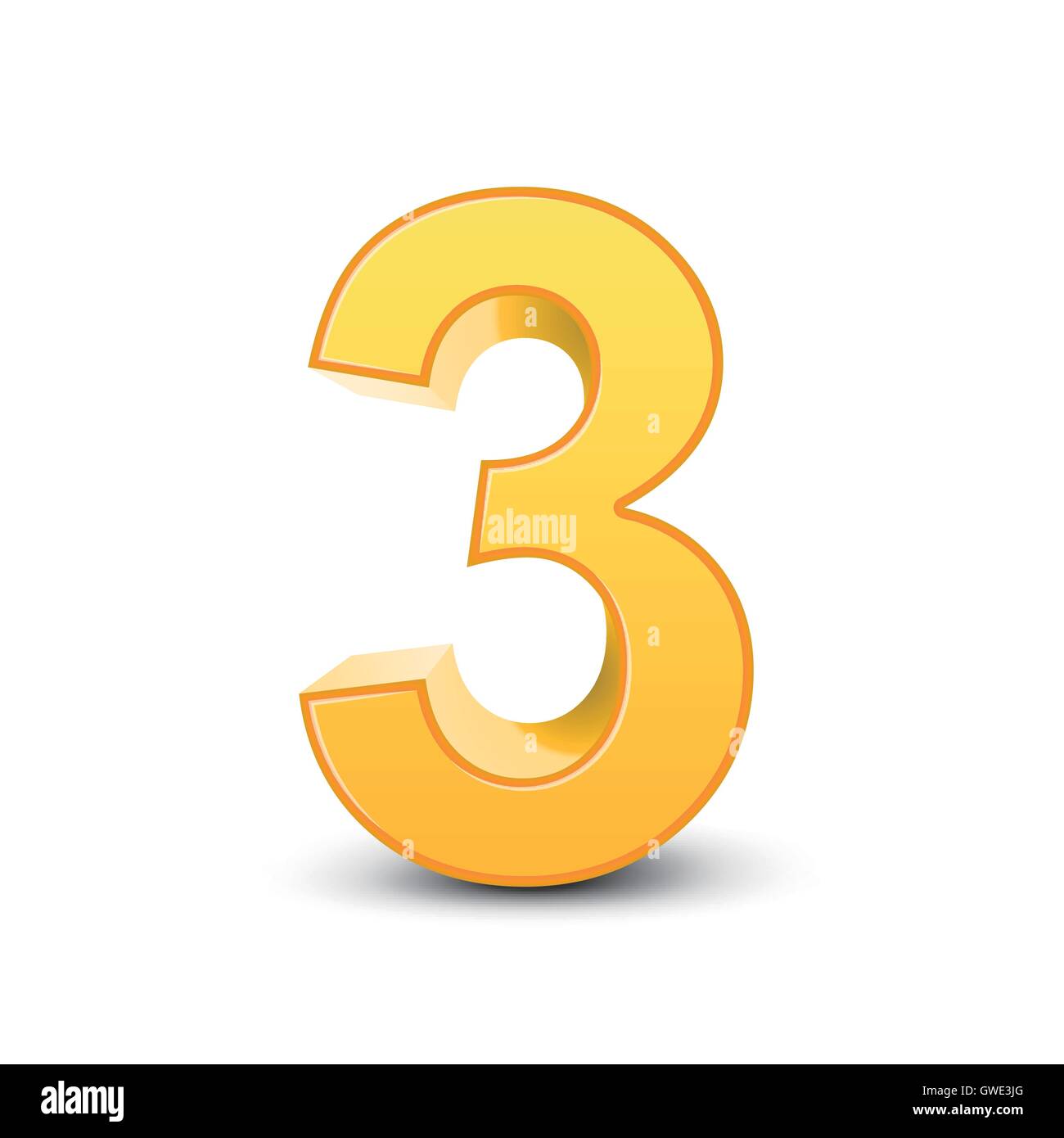 Immagine 3D giallo lucido numero 3 isolati su sfondo bianco Illustrazione Vettoriale
